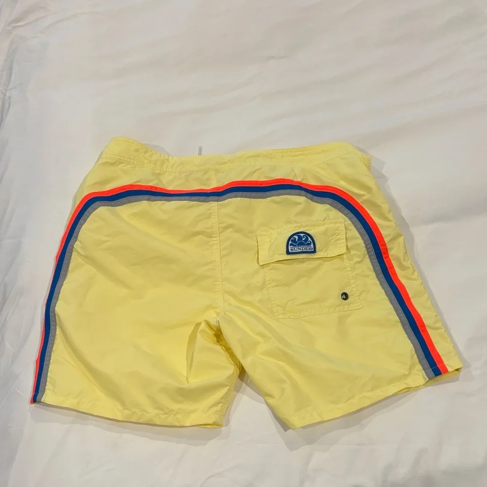 Sundek Yellow Athletic Shorts with Blue and Red Stripes - Picture 1 of 8